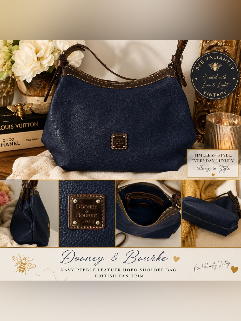 Dooney & Bourke Navy Pebble Leather Hobo Shoulder Bag British Tan Trim